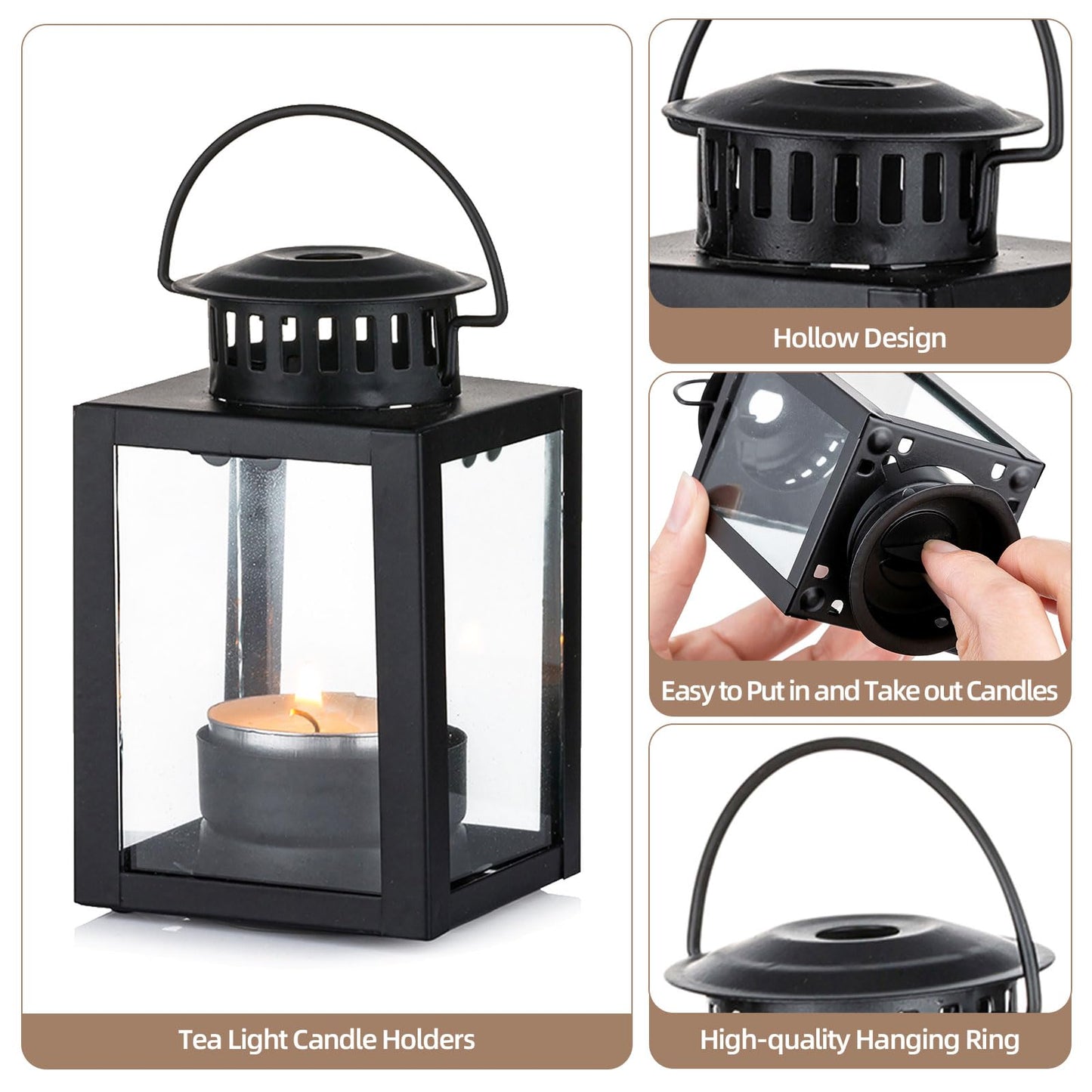 Small Candle Lanterns Decorative Outdoor: 4 Pcs Black Hanging Tea Lights Candle Holder for Table Centerpiece Fireplace Wedding Christmas 3.9" Glass Farmhouse Decor