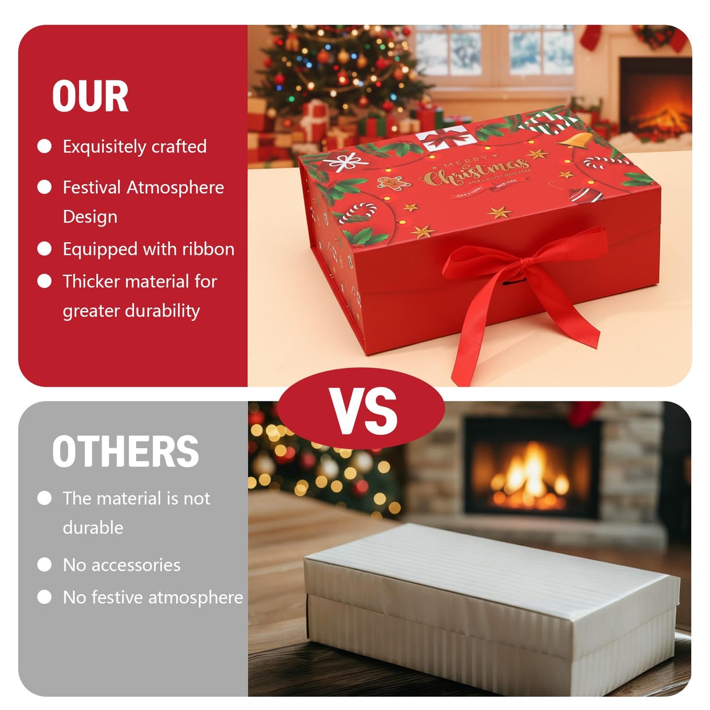 Dimore Christmas Magnetic Gift Boxes with Lids, Collapsible Hardboard Gift Packaging, Red & Green Holiday Boxes for Presents, 4 Pack (Multiple Sizes) (4Pack Christmas 9.5"*6.9"*4.2")