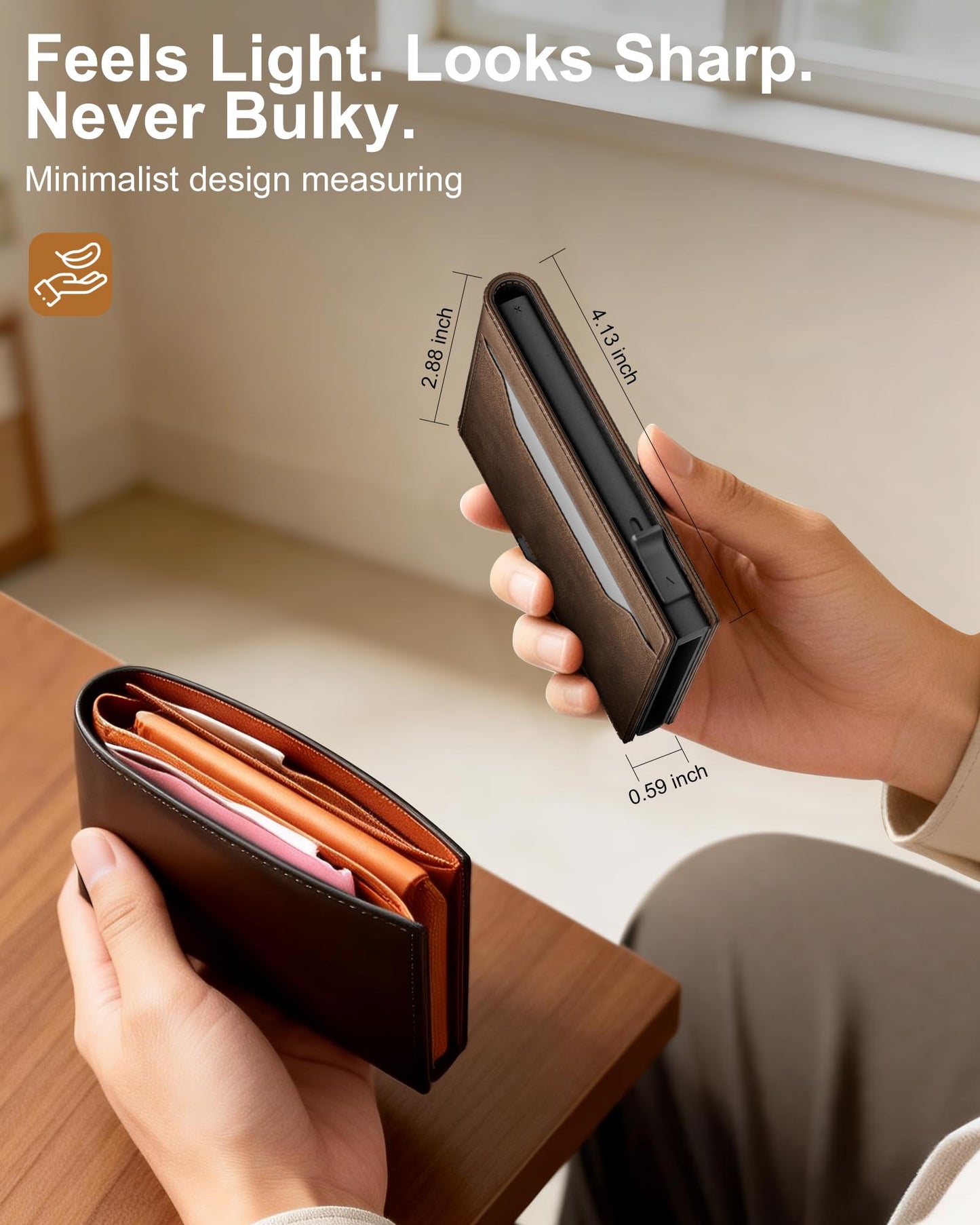 ERUSEHE Wallet for Men: Pop Up Card Case, RFID Blocking, Slim, Minimalist, Genuine Leather, Front Pocket, Smart, Thin, Compact, Magnetic Flap Closure - 2 ID Windows, Up to 12 Cards & 15 Bills (Brown)