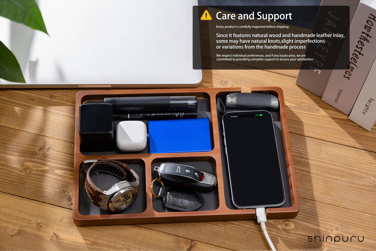 Shinpuru Wooden Valet Tray for Men, Nightstand Organizer with Leather Inlay, EDC Essentials Catchall Tray for Keys, Phone, Wallet, Watch, Earbuds - Bedside Desk Entryway Tray (Wood)