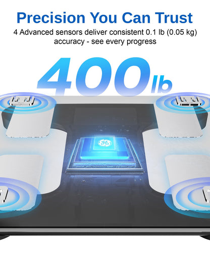 GE Smart Scale for Body Weight: BMI Body Fat Digital Bathroom Scales, 13 Body Composition Monitor Health Analyzer for Home Gym, Bluetooth App Sync, Accurate 400lb Weighing, Black 11inch