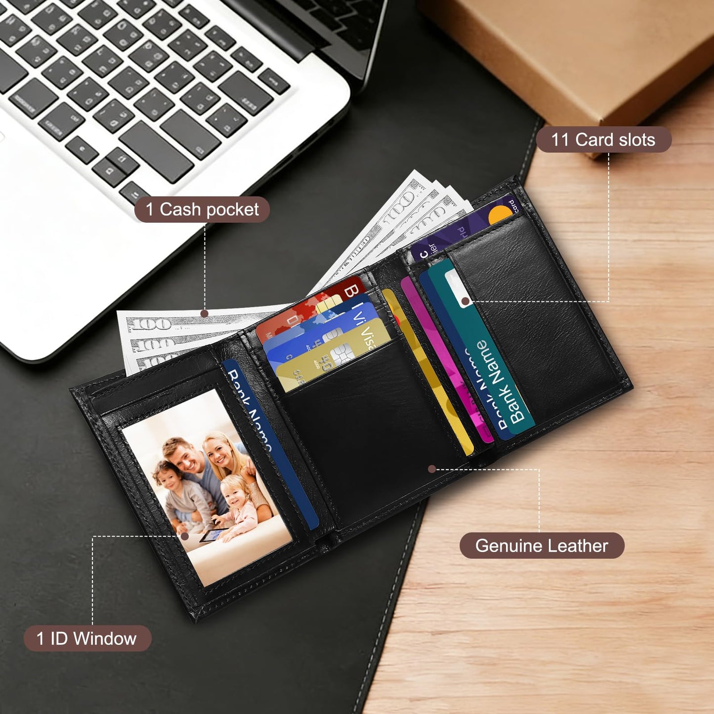 WULOUJIE Men's Trifold Leather Wallet, RFID Blocking Genuine Leather Wallet with 11 Card Slots, Tri Fold Wallet for Men（brown） (brown) (Black)