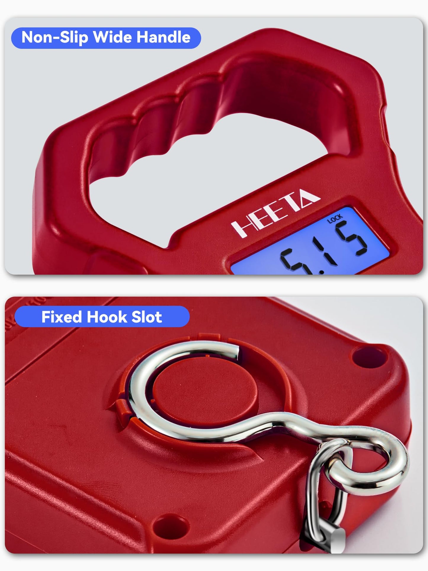 HEETA Fish Scale, 110lb/50kg Digital Portable Hanging Fishing Weight Scale with Backlit LCD Display, Luggage Scale with Non-Slip Large ABS Handle & 2 AAA Batteries, Fishing Gifts Gear for Men, Red