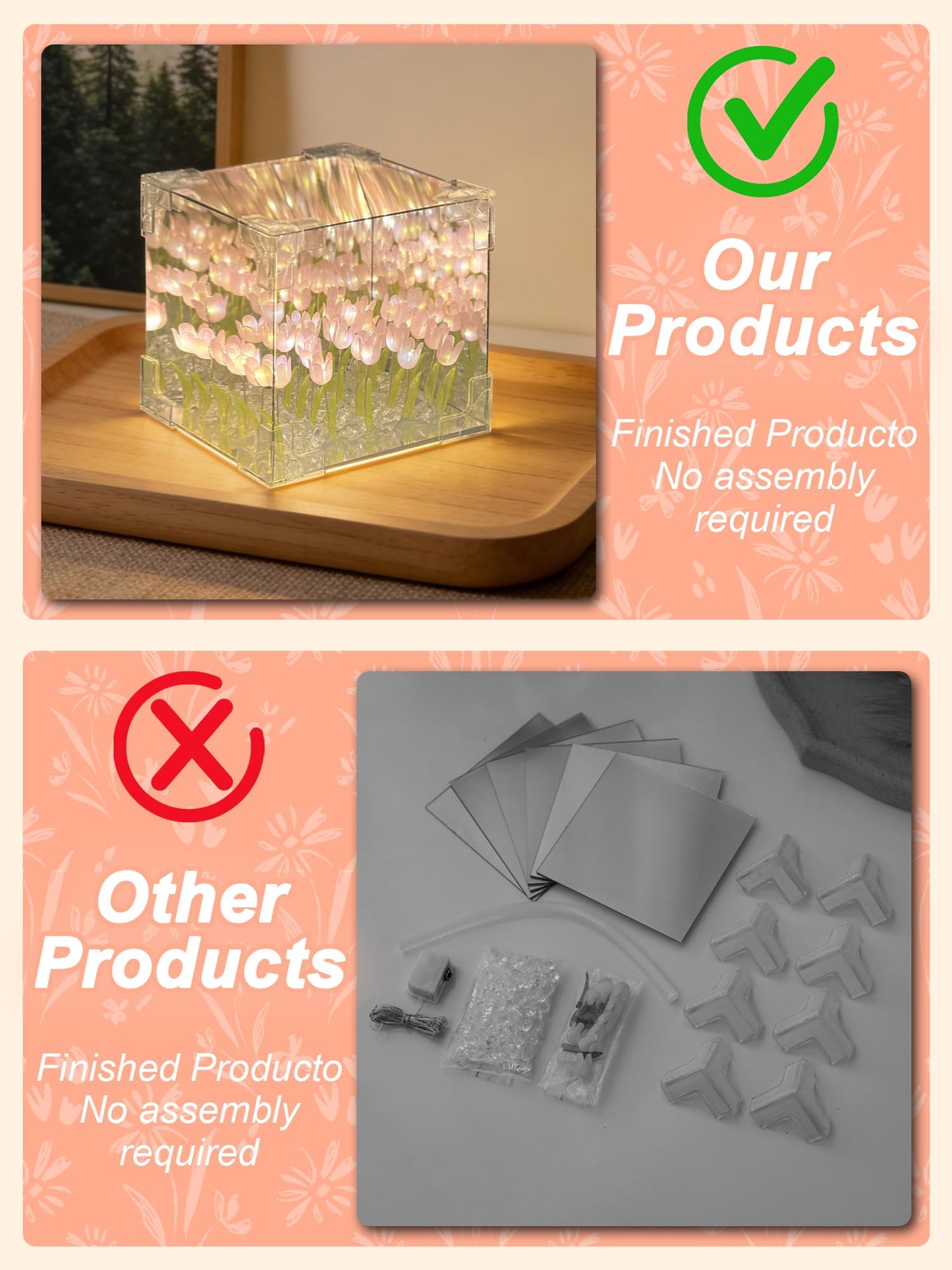 DIY Tulips Cube Mirror Lamp,Finished Tulip Night Light,Handmade Tulip Flower Magic Lights,Bedroom Living Room Desktop Decor for Mom,Girl,Couple,Friend Birthday Gift(Includes 13 LR44 Button Batteries)