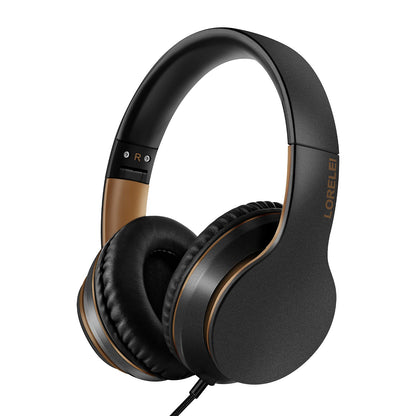 LORELEI X6 Over-Ear Headphones With Microphone, Lightweight Foldable & Portable Stereo Bass With 1.45M No-Tangle Wired for Smartphone Tablet MP3/4 (Black-Gold)