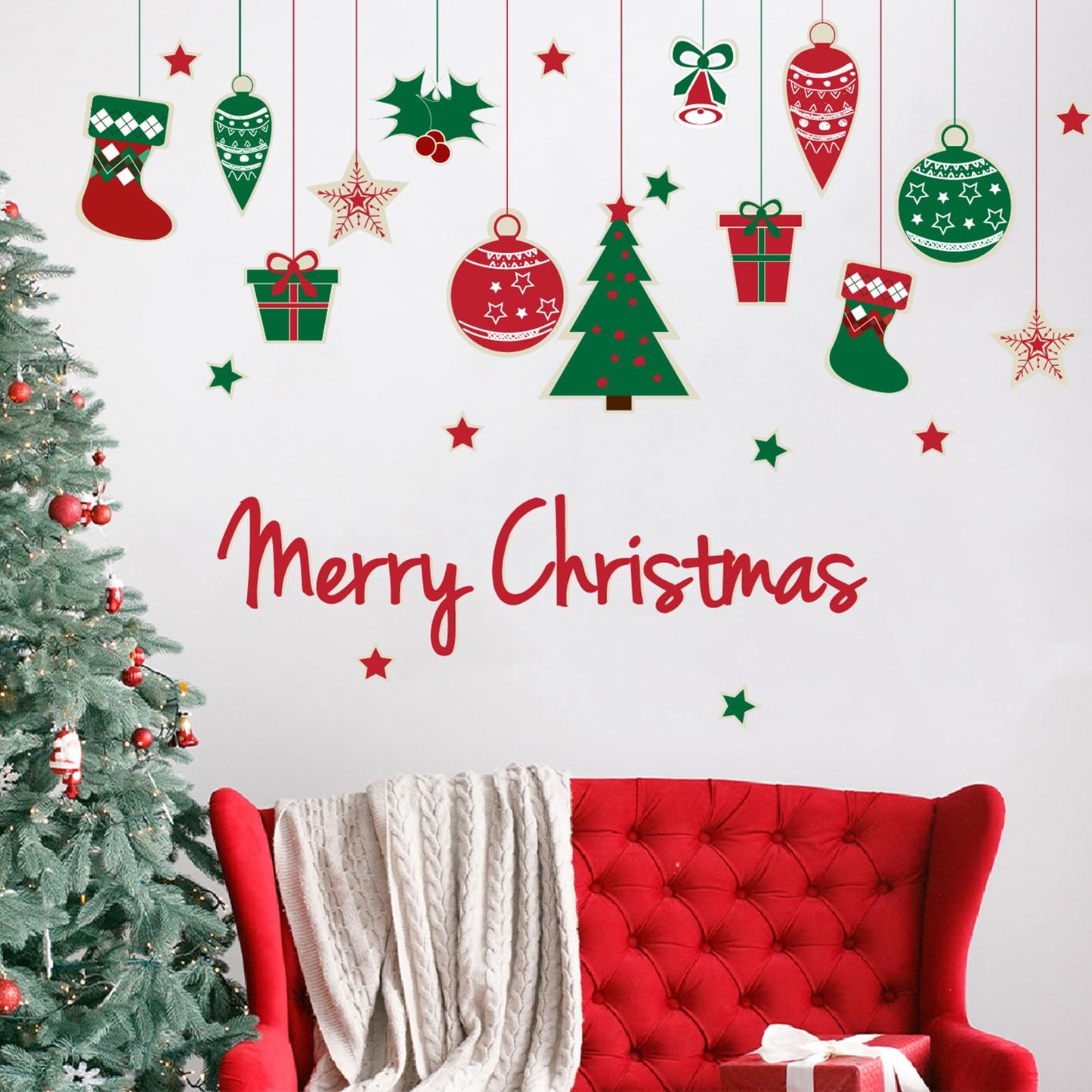 Merry Christmas Wall Decals Xmas Tree Snowflake Gift Wall Stickers Peel and Stick Removable Art Mural for Kids Gift Bedroom Living Room Door Window Decor Supplies