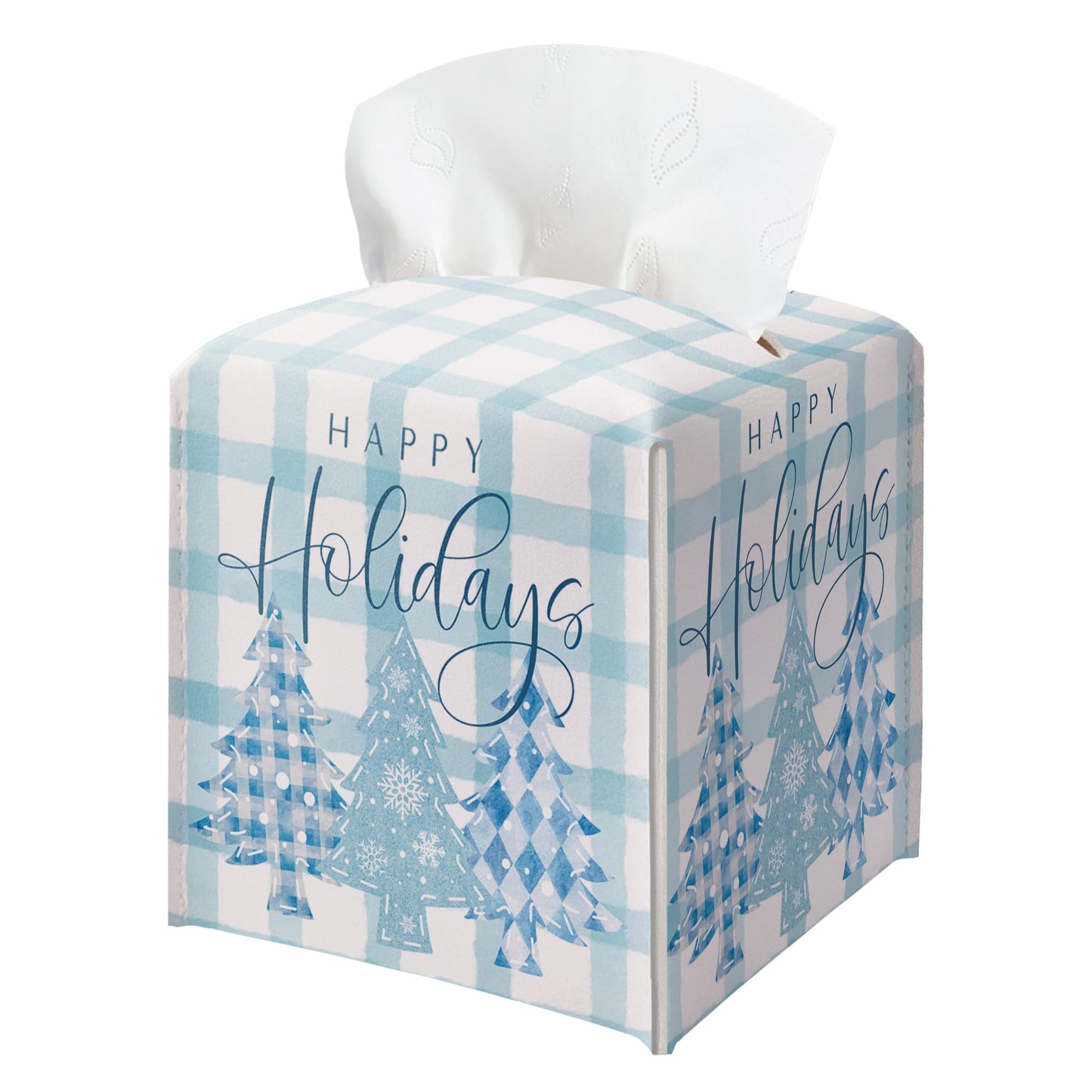 Christmas Box Cover Square, Blue Checkered Christmas Tree Decorative Tissue Box Holder, Waterproof Leather Tissues Boxes Dispenser for Bathroom, Bedroom Nightstand, Office, Car Home Decor