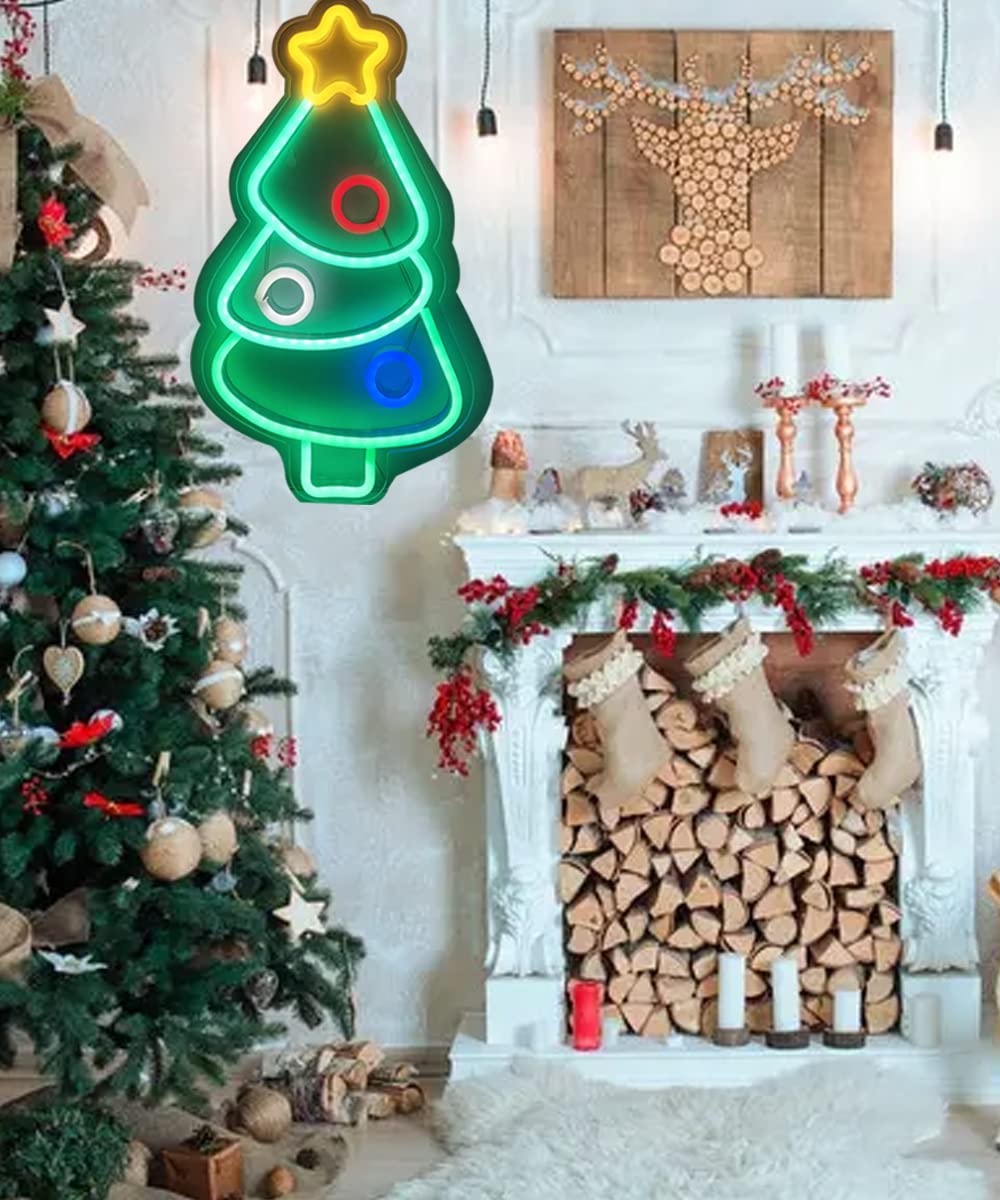 Christmas Tree Neon Signs for Xmas Wall Decor LED Xmas Tree Neon Light Sign for Christmas Party, Bar, Home, Bedroom Décor