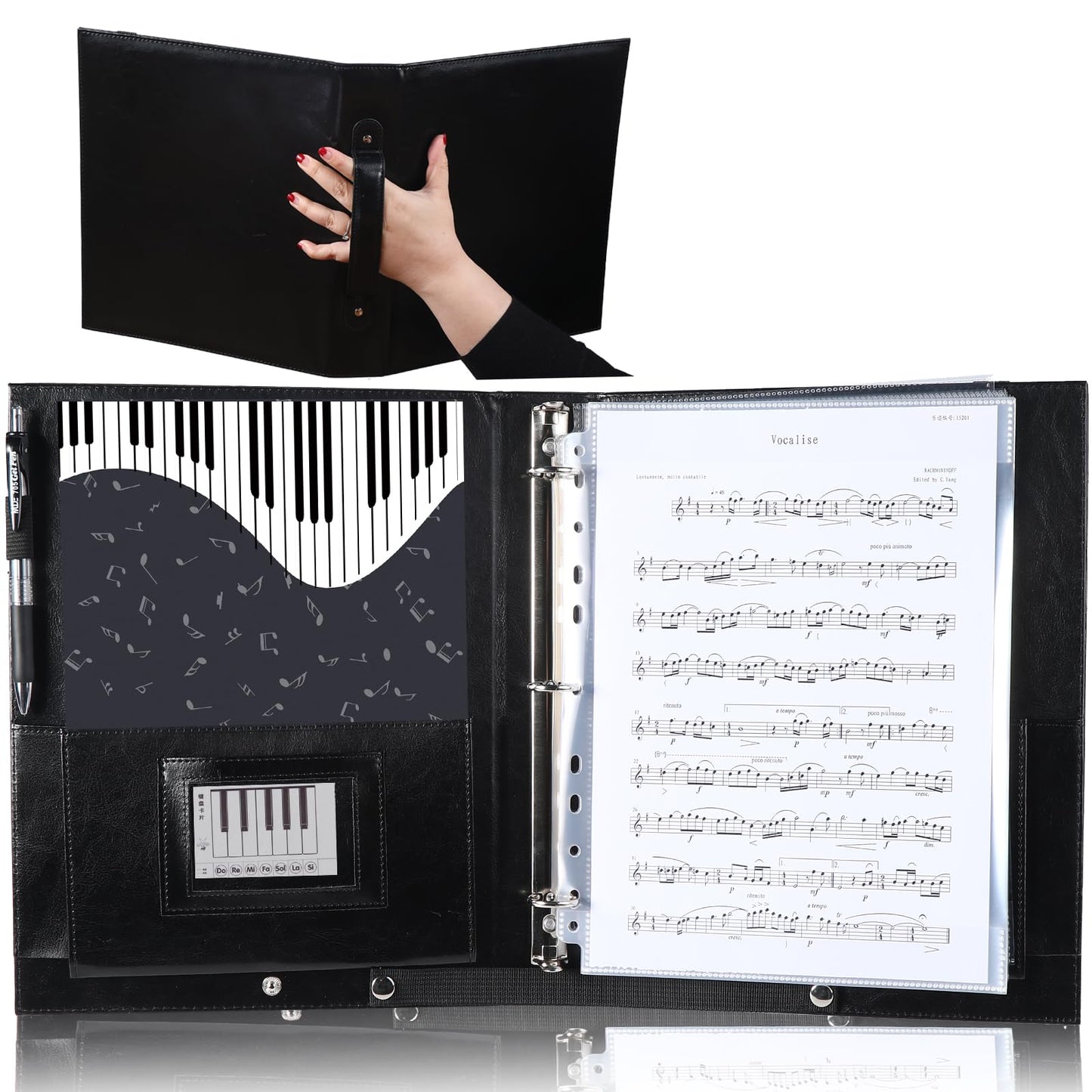 Choral Sheet Music Folder Organizer: 3 Ring Piano Music Binder with Plastic Sleeves - PU Leather Choir Folders with Hand Strap Elastic Band Fits Letter Size 8.5 x 11 inch, Black