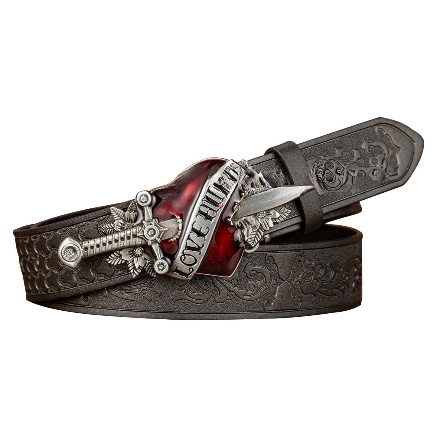 FAYZSOWSR Antique Belt, Western Cowboy PU Leather Belts with Heart and Sword Carved Buckle Retro Embossed Belt for Jeans (Black)