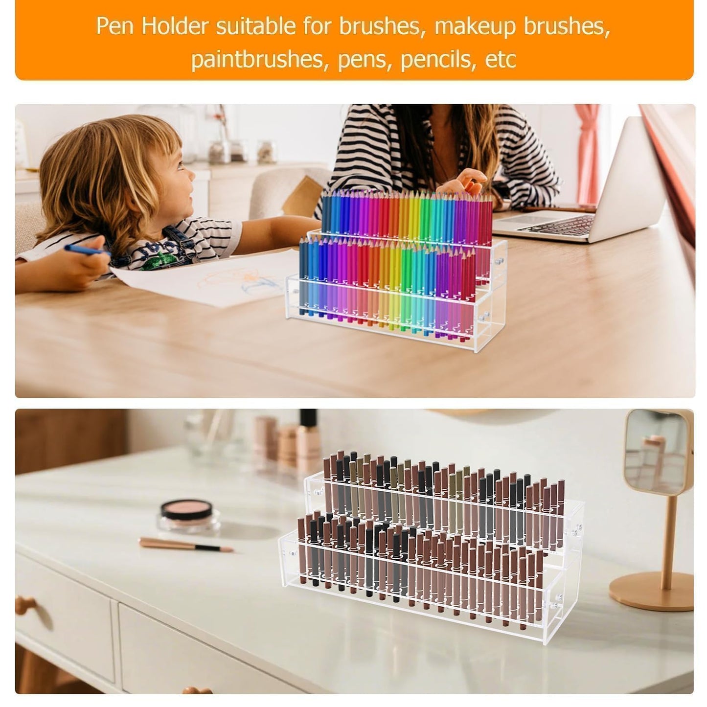 96-Slots Acrylic Pen Holder,2-Tier Pen Display Stand for Craft Shows,12mm Beadable Pens Stand Paint Brush Holder Pencil Organizer Makeup Brush Rack Art Brush Organizer for Office Desk School Supplies