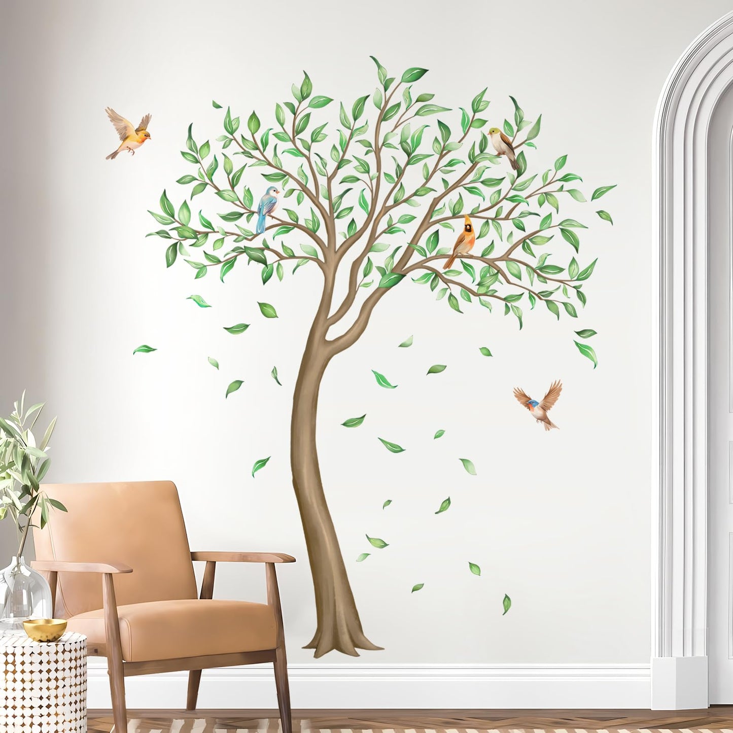 Large Green Tree Wall Decals, Falling Leaves Birds Wall Stickers Vinyl Peel and Stick Wall Decal Self Adhesive Wall Art Sticker for Aisle Bedroom Office Sofa Backdrop Wall Home Decor (W56.7 * H65.4in)