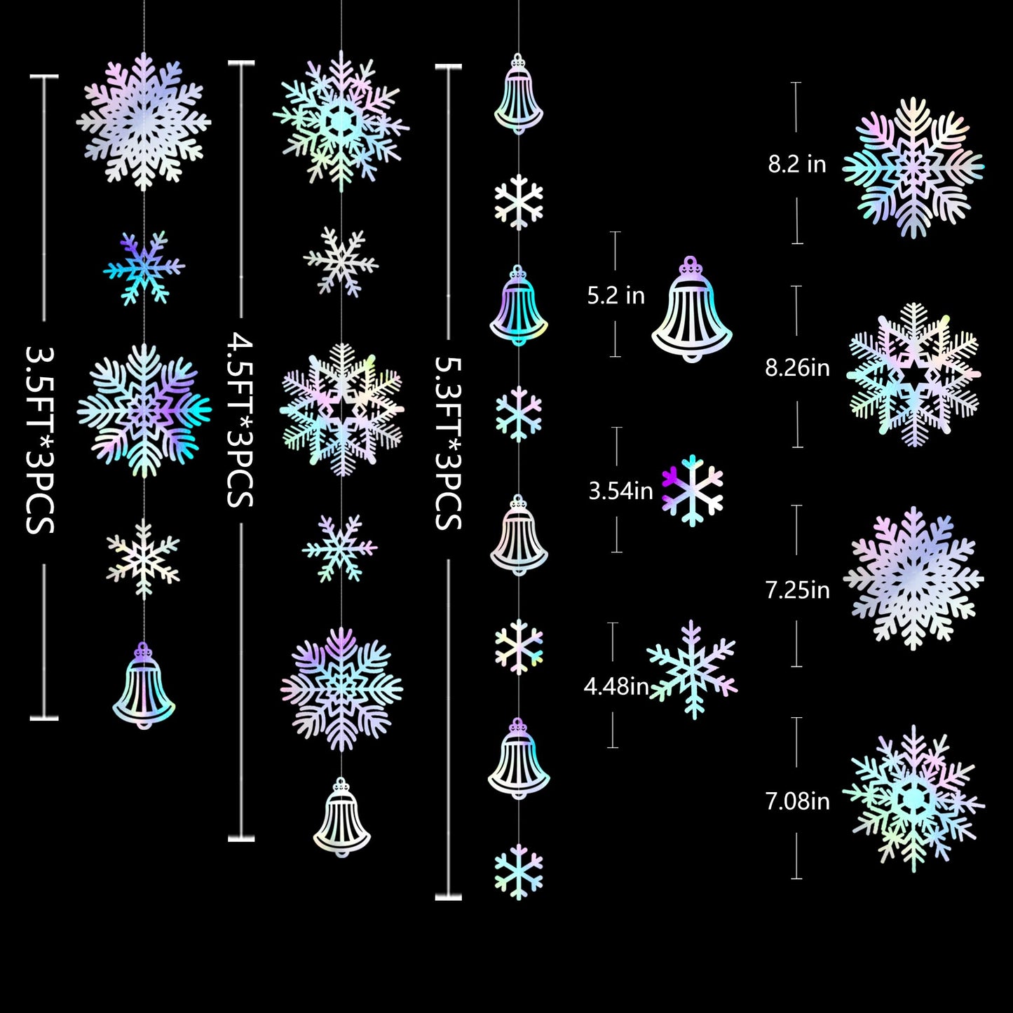 40 Ft Snowflakes Party Decorations Iridescent Snowflakes Bell Garland Holographic Big Snowflakes Hanging Streamer Backdrop for Winter Wonderland Christmas Holiday Birthday Home Window Wall Room Decor