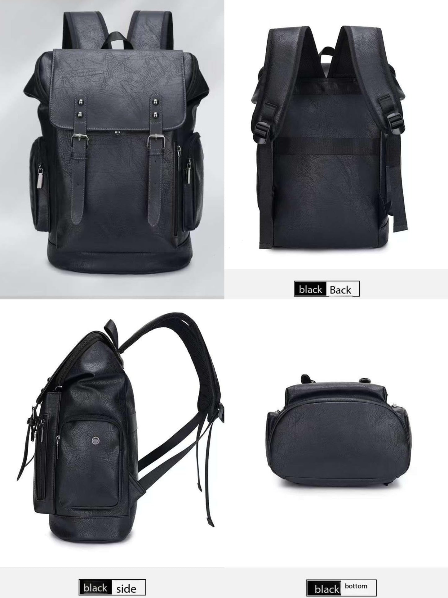 CYLYWJD Men's PU leather backpack, Vintage Flap Cover Daypack for Work Travel College, 15 Inch Laptop Rucksack (black3,Backpack)