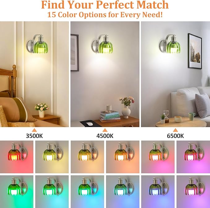 Rechargeable Battery Operated Wall Sconce Set of Two with Green Glass Lampshade, Wireless Wall Scone Decor with Remote Control, 15 Colors Brushed Nickle Wall Light for Bedside Hallway Bedroom Doorway