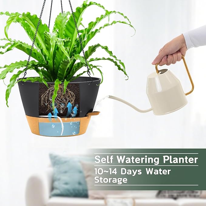 ZMTECH 12 Inch Large Hanging Planters for Outdoor Plants, 2 Pack Self Watering Hanging Planter with Visual Reservoir, Hanging Baskets for Plants Indoor with Drainage Hole and Plant Hanger(Gray)