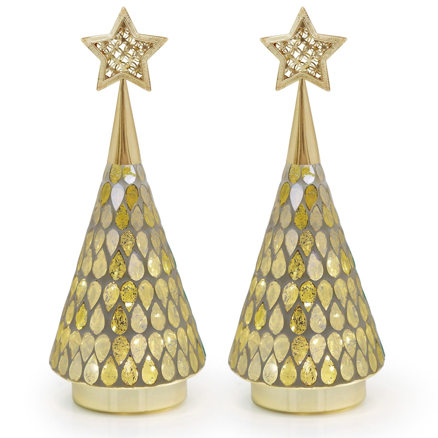 Gold Mosaic Glass Christmas Tree with Star, 2 PCS Small Tabletop Christmas Trees with Light, Battery Operated Xmas Tree for Mantel Decor 11"