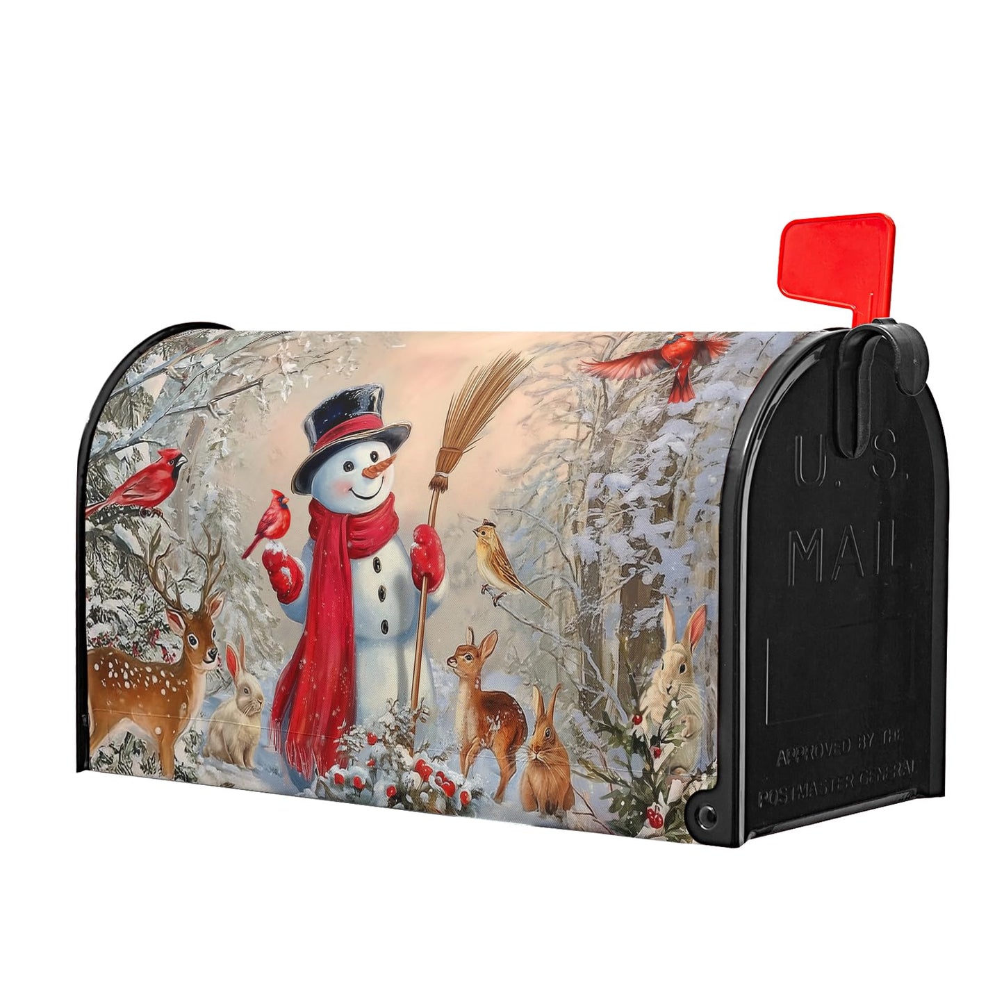 Sweetshow Winter Snowman Mailbox Covers Magnetic Standard Size 18" X 21",Red Cardinal Bird Cute Deer Rabbit Snowflake Mailbox Wraps Post Letter Box Cover for Holiday Garden Yard Decor