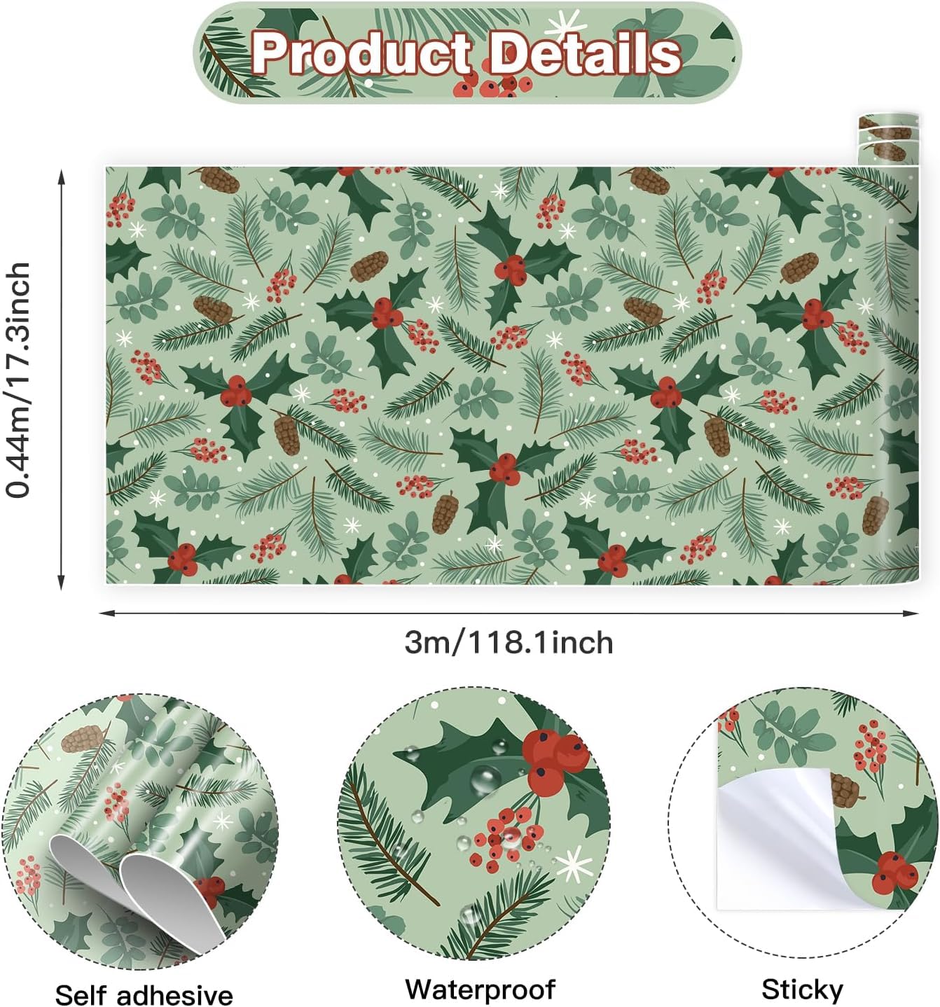 TOARTi Christmas Wallpaper Peel and Stick Green Leaves Christmas Contact Paper for Cabinets Bedroom Xmas Backdrop for Winter New Year Xmas Party Decor