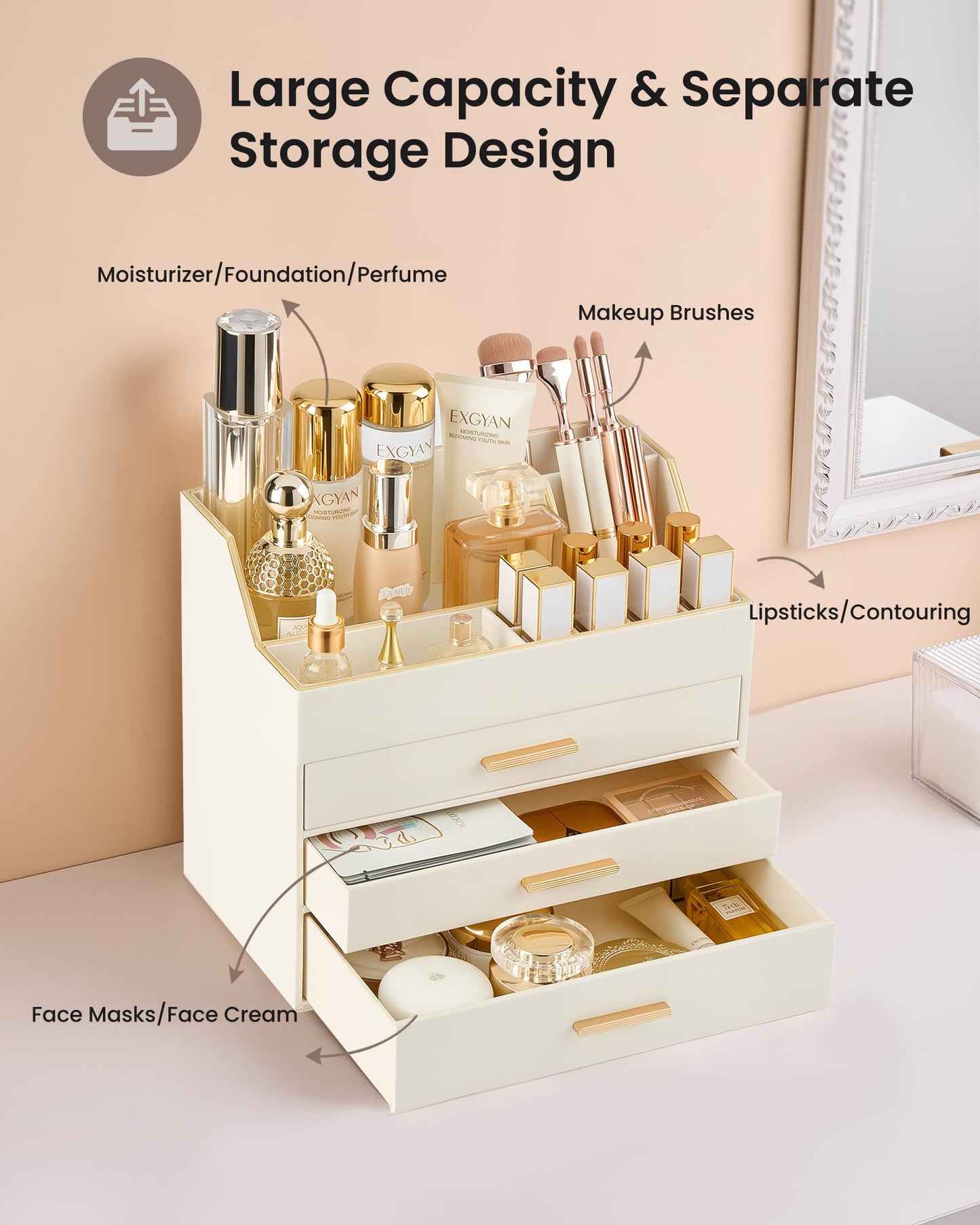 Lolalet Makeup Organizer for Vanity Desk, 4-Layer PU Leather Luxury Make Up Storage Cosmetics Holder Box with Drawers -Beige
