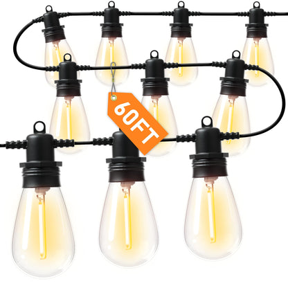 Jerritte 60FT LED Outdoor String Lights with 16+1 Edison Shatterproof IP65 Waterproof Bulbs, 2700K Dimmable Commercial Grade Patio Lights for Garden, Porch, Deck Decor