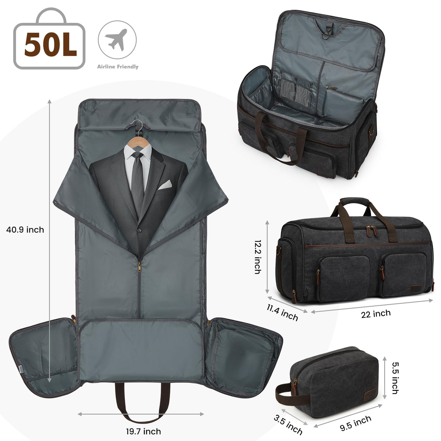 S-ZONE Garment Bag for Travel Carry on Duffle Bag for Men Travel Convertible Suit Bags Carry on Luggage Hanging Suitcase Travel Bag with Toiletry Bag, Black, 50l, Travel Garment Bag