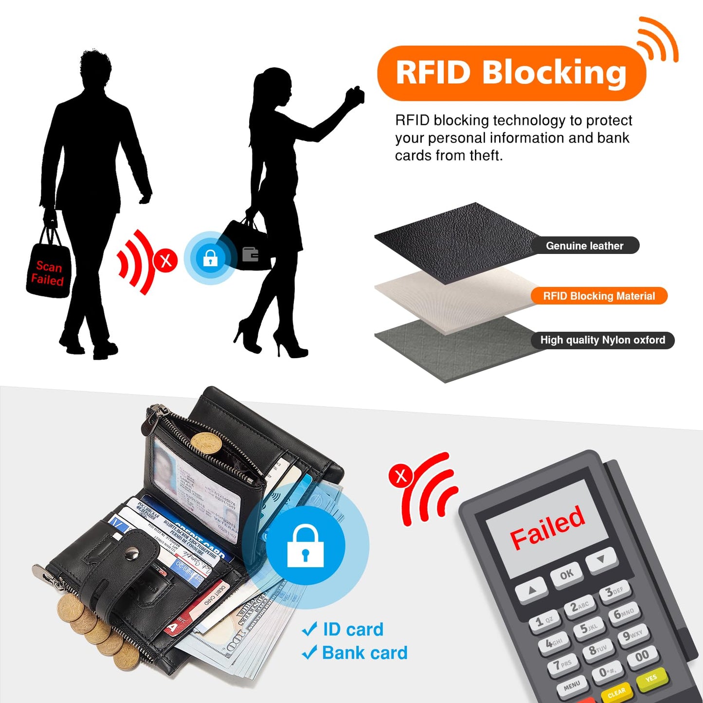 Wallet with Chain,Genuine Leather Purse RFID Blocking Bifold Double Zipper Coin Pocket with Anti-Theft Chain, Pickpocket Proof Chain Wallets for Men (Black)