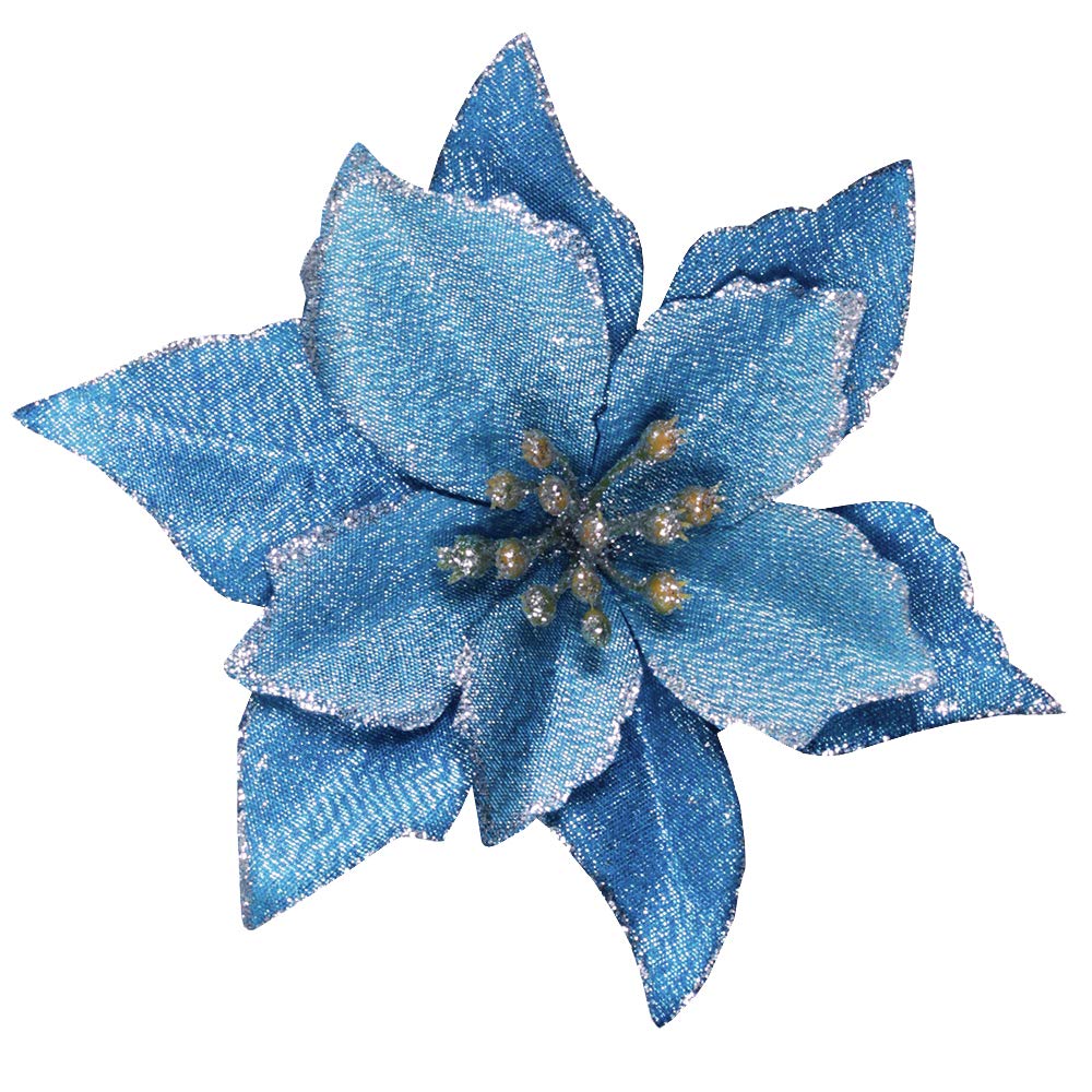 24 Set Christmas Blue Glitter Poinsettia Flowers Picks Christmas Tree Ornaments for Winter Blue Teal Christmas Tree Wreaths Garland Holiday Seasonal Wedding Decorations White Gift Box Included