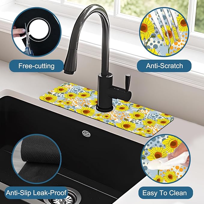 Watercolor Sunflowers Sink Faucet Absorbing Mat Sunflowers Polka Dots Super