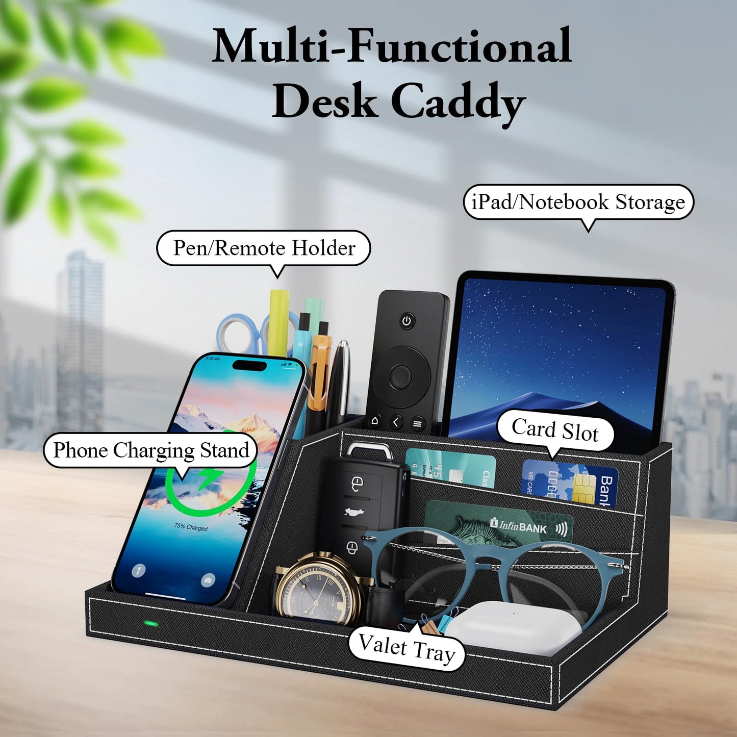 TopMade Wireless Charger Desk Nightstand Organizer, Leather Pen Holder Office Supplies Desk Accessories Fast Charging Station, Remote Control Holder, for iphone Charger Stand Gifts for Men (Black)
