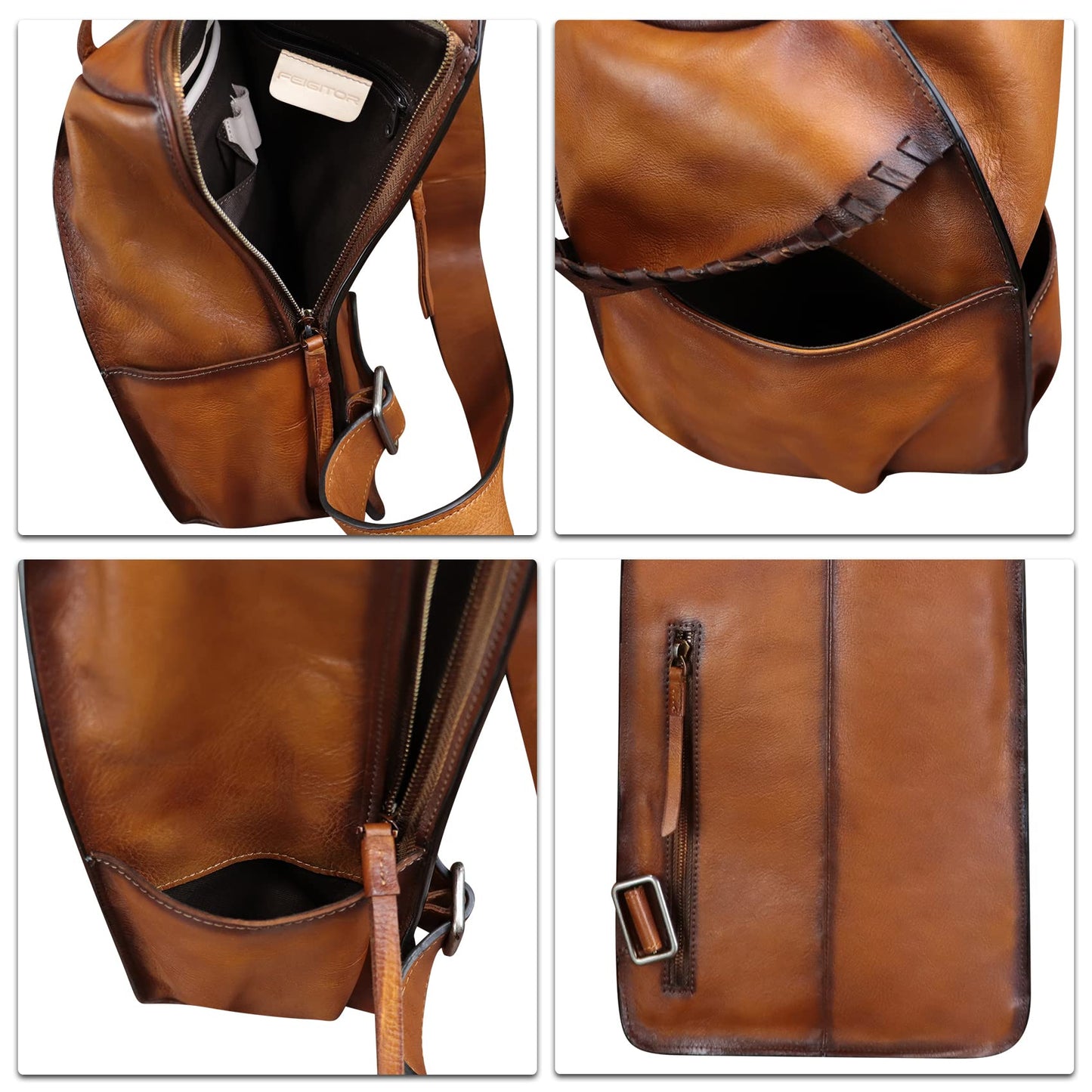 FEIGITOR Genuine Leather Sling Bag for Men Handmade Retro Crossbody Backpack Purse Hiking Daypack Chest Shoulder Fanny Pack (Brown)