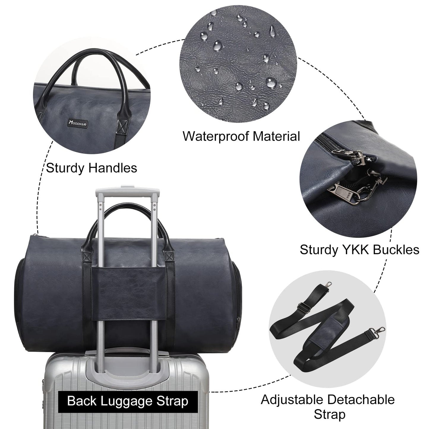 Modoker Convertible Leather Garment Bag, Carry on Garment Bags for Travel, Garment Duffel Bag, Gifts for Men Women Business Waterproof Suitcase Suit Travel Bags, Blue