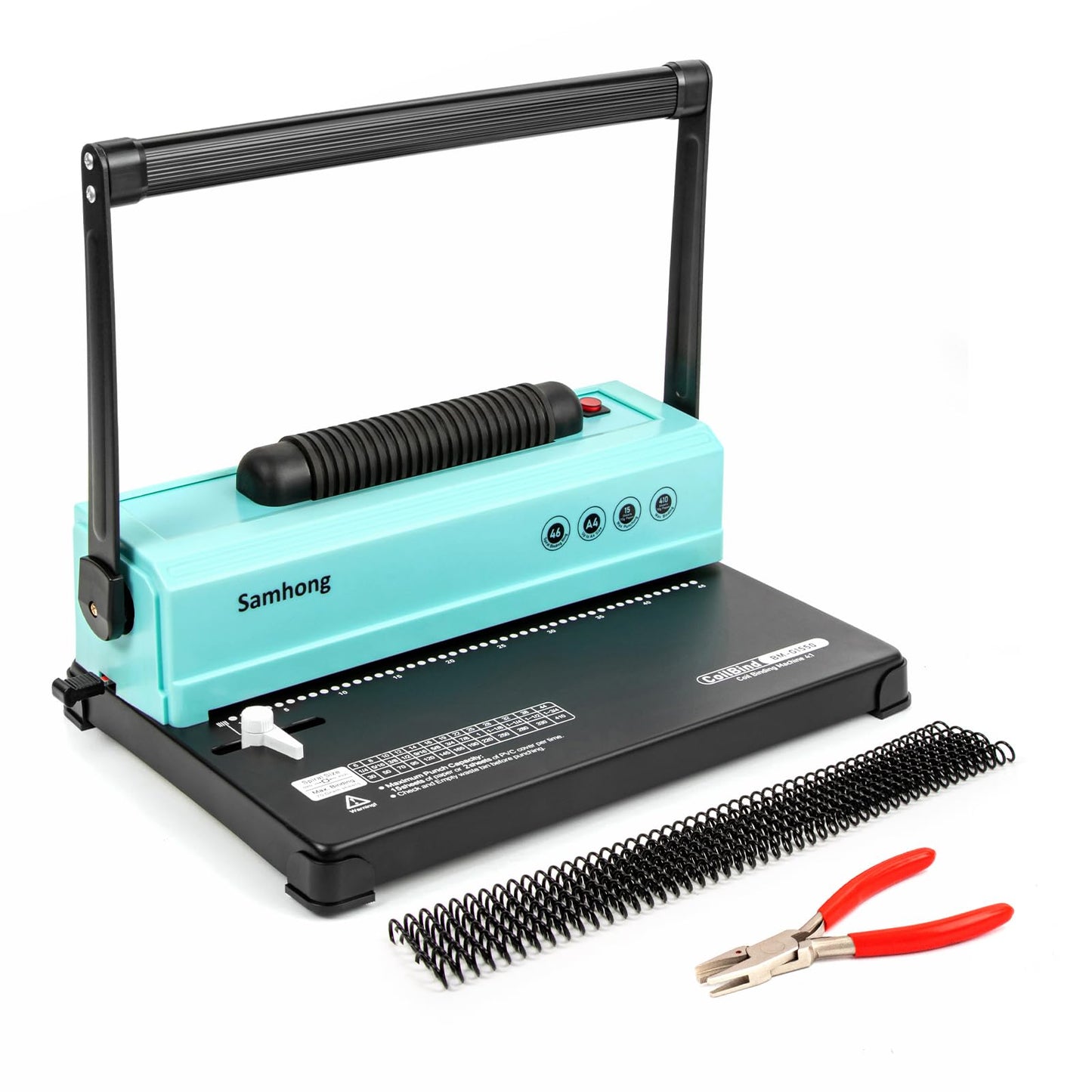 SAMHONG Coil Spiral Binding Machine - Manual Hole Punch - Electric Coil Inserter - Adjustable Side Margin - for Letter Size/A4/A5, Comes with 1 Box 5/16'' Plastic Coil Binding Spines & Plier