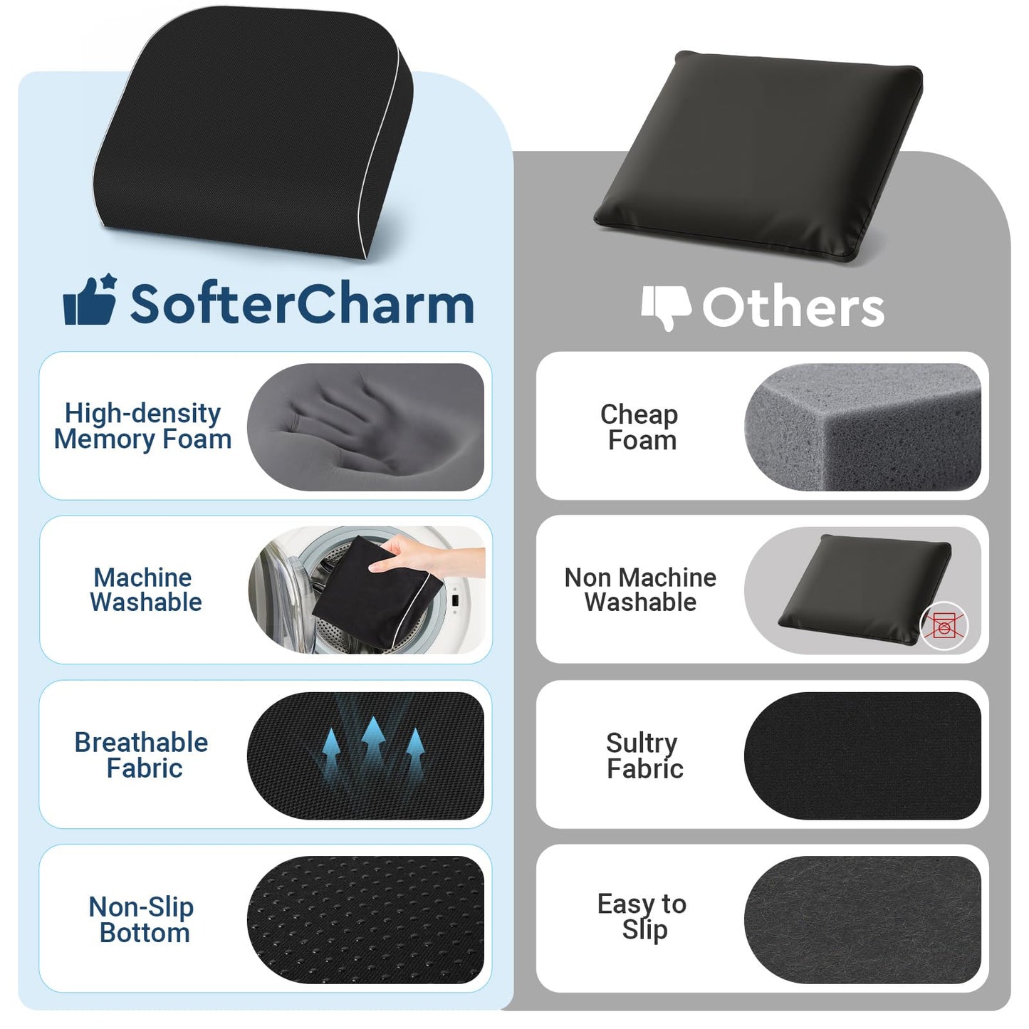 SofterCharm Seat Cushion, Memory Foam Office Chair Cushions for Long Sitting Hours, Chair Pad for Sciatica, Coccyx, Tailbone, Hip Pain & Pressure Relief, Office, Home, Car Seats, Airplane, Black/Large