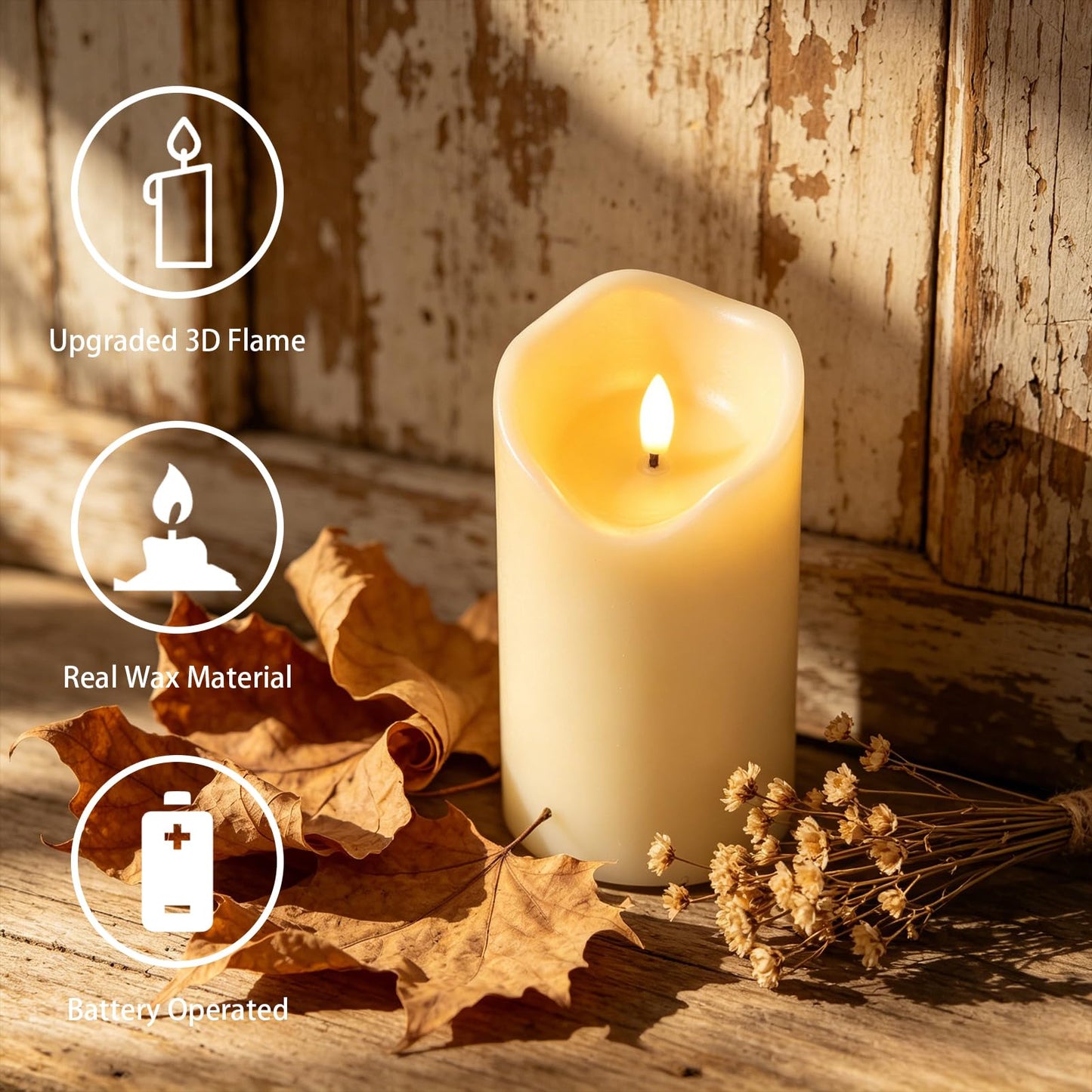 Wondise Flameless Flickering Candles with Remote and Timer, Real Wax Battery Operated Ivory LED Candles with 3D Wick for Home Fall Wedding Birthday Christmas Decoration, Set of 3(Ivory)
