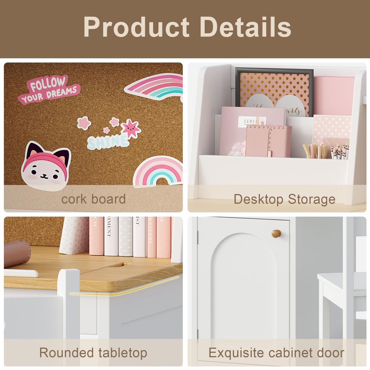 Treocho Kids Study Desk and Chair Set, Kids Desk with Hutch and Tiltable Desktop for 3-8 Years Old, Wooden Children Study Table with Storage Cabinet, Student Writing Desks, Home School, Natural