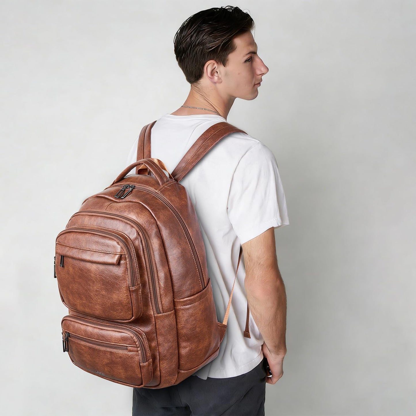LATMAP 43L Backpack For Women Men Vegan Leather Backpack Purse Shoulder Bookbag 17 16 15.6 Inch Laptop Bag Handbags For Travel Work College Large Brown