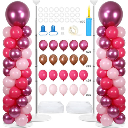2 Sets Pink Balloon Column Stand Kit with 100 Balloons - Christmas & New Year Birthday Wedding Party Decor