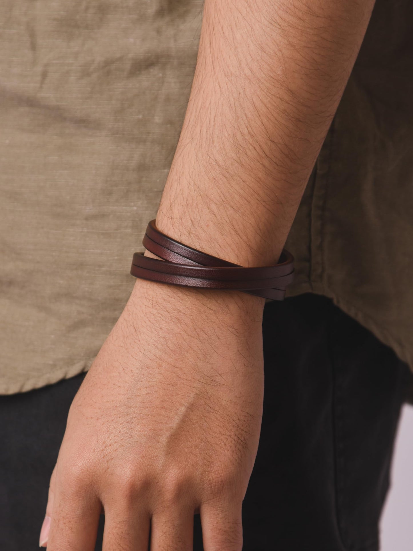 HAQUIL Artisanal Multi-Wrap Brown Leather Bracelet with Vintage Metal Accents for Men