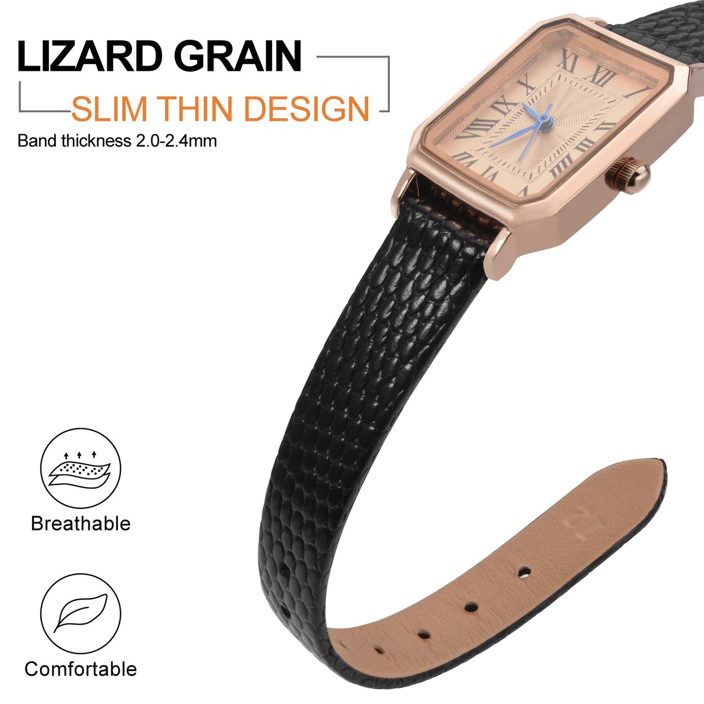 ANNEFIT Women's Leather Watch Band 10mm with Gold Buckle, Lizard Grain Slim Thin Replacement Strap (Black)