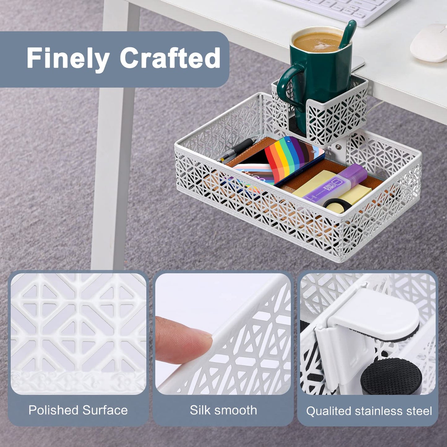 Aurynns Under Desk Drawer Organizer Clip-on Cup Holder Under Desk Storage Drawers Rotated Under Table Drawer for Desk Organizer Clamp Phone Holder Paper Drawer (White)