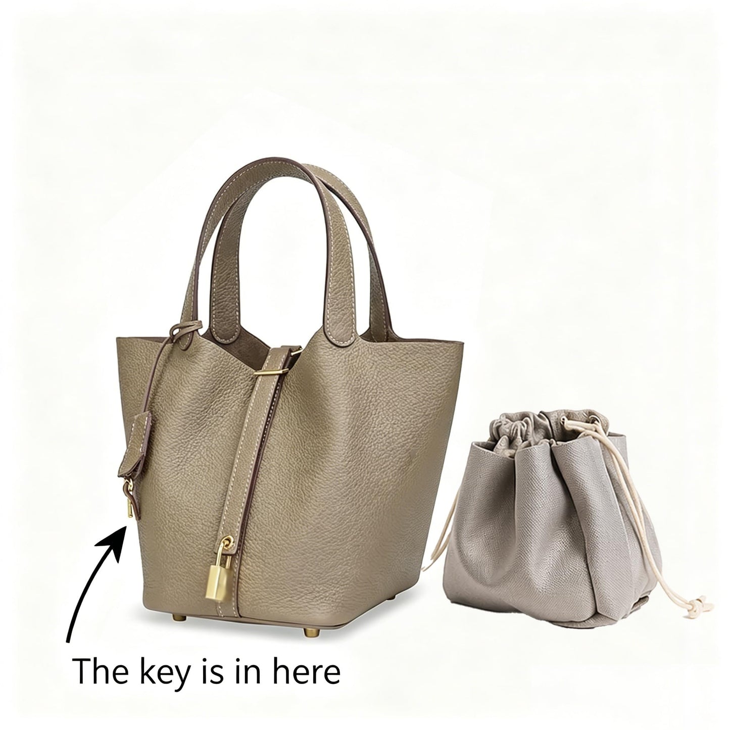 HRANRA Genuine Leather Lock Design Bucket Bag for Women, Vegetable Basket Fashionable Versatile Handbag (Grey)