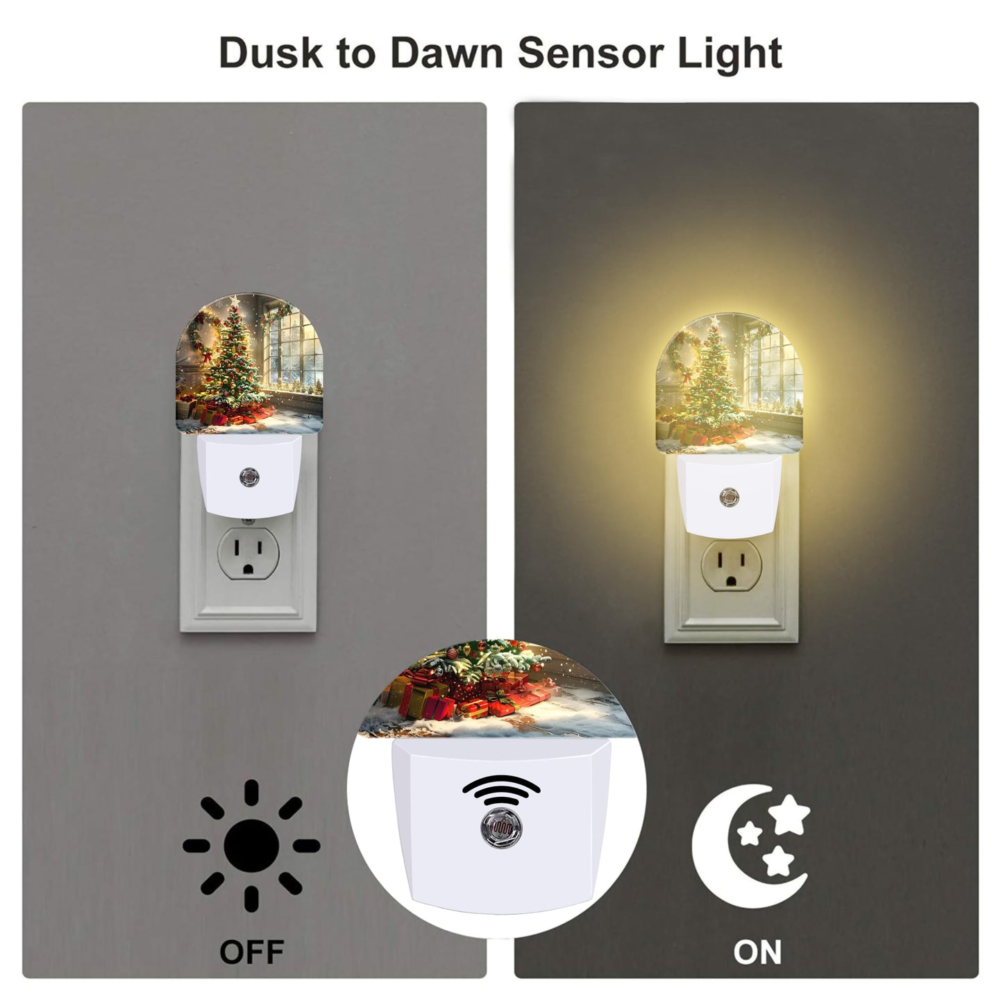 sndheke Christma Room Full of Gifts Night Light, Christmas Tree with Red and Gold Ornaments Dusk to Dawn Plug in, 0.5w Energy Saving Sleep Friendly NightLight for Kids Boys Girls Home Decor