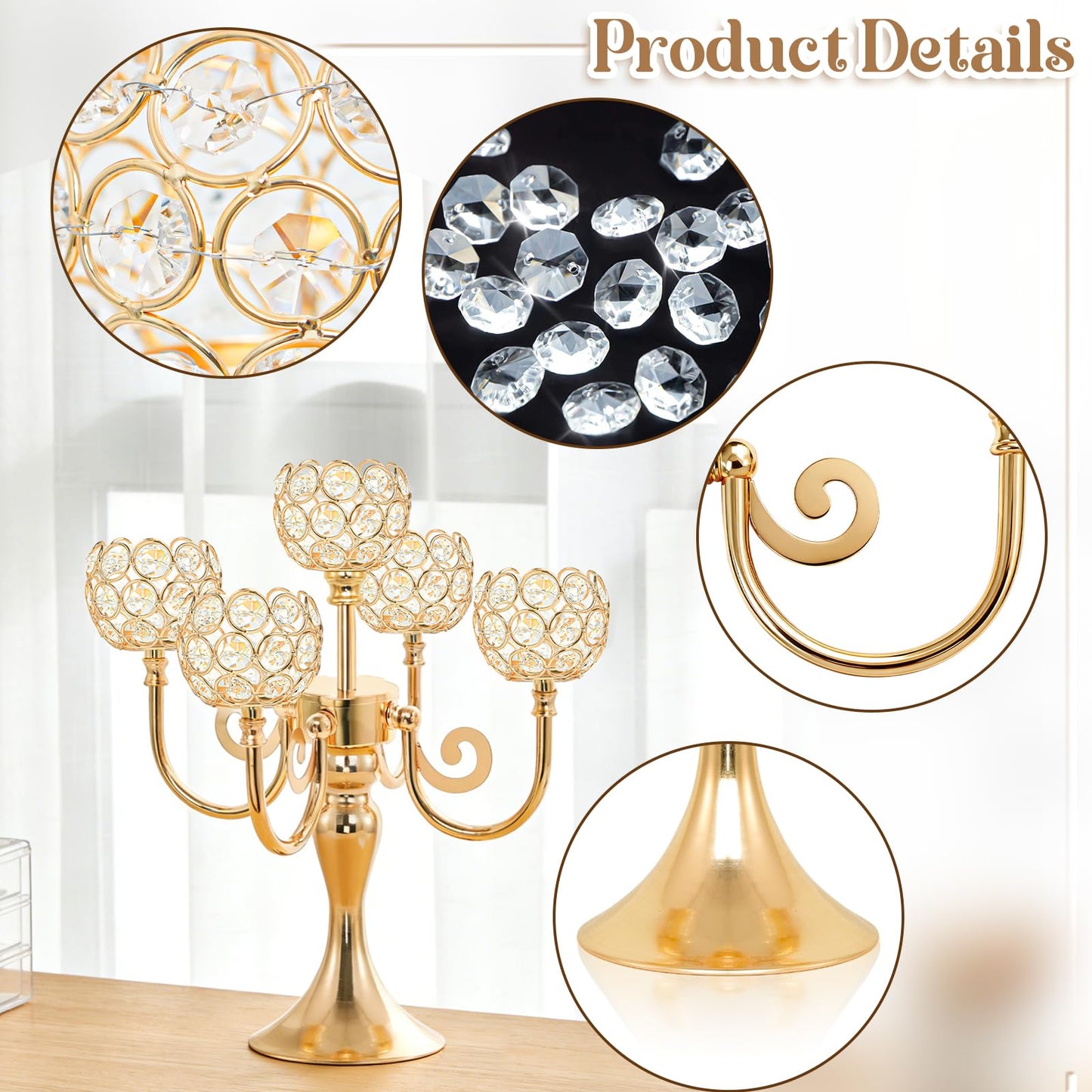 5 Arm Metal Crystal Candelabra Centerpiece - 13.4 Inch Elegant Candle Holder with Crystal Beads for Wedding Party Christmas Home Dining Table Decoration (2, Gold)