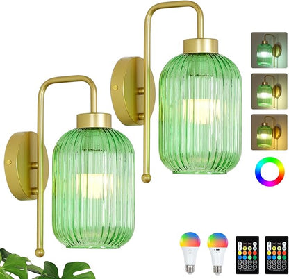 Vintage Battery Operated Wall Sconce with Green Glass Shade, Wireless Sconces Set of 2 with Remote and Dimmable Bulbs, Gold Rechargeable Cordless Wall Lights for Bedroom Living Room Bathroom