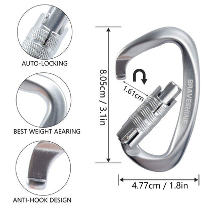 BRAVESHINE Heavy-Weight Carabiner - 2 Pack D Ring Snap Keychain Locking Caribeaner Clips - 12KN Aluminum Screws Buckle Carabiner Hook for Men Women Key Keychains, Water Bottle, Dog Leash - Silver