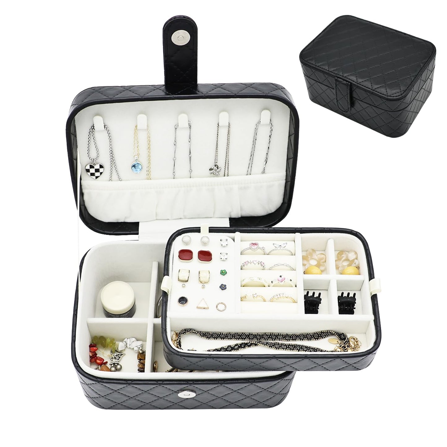 Cuifdem Jewelry Travel Case, 2-Layer Jewelry Box Organizer Medium Jewelry Travel Box, Portable Faux Leather Jewellery Storage Boxes with Argyle for Women, Daily Jewellery Case Home Use (Pure black)