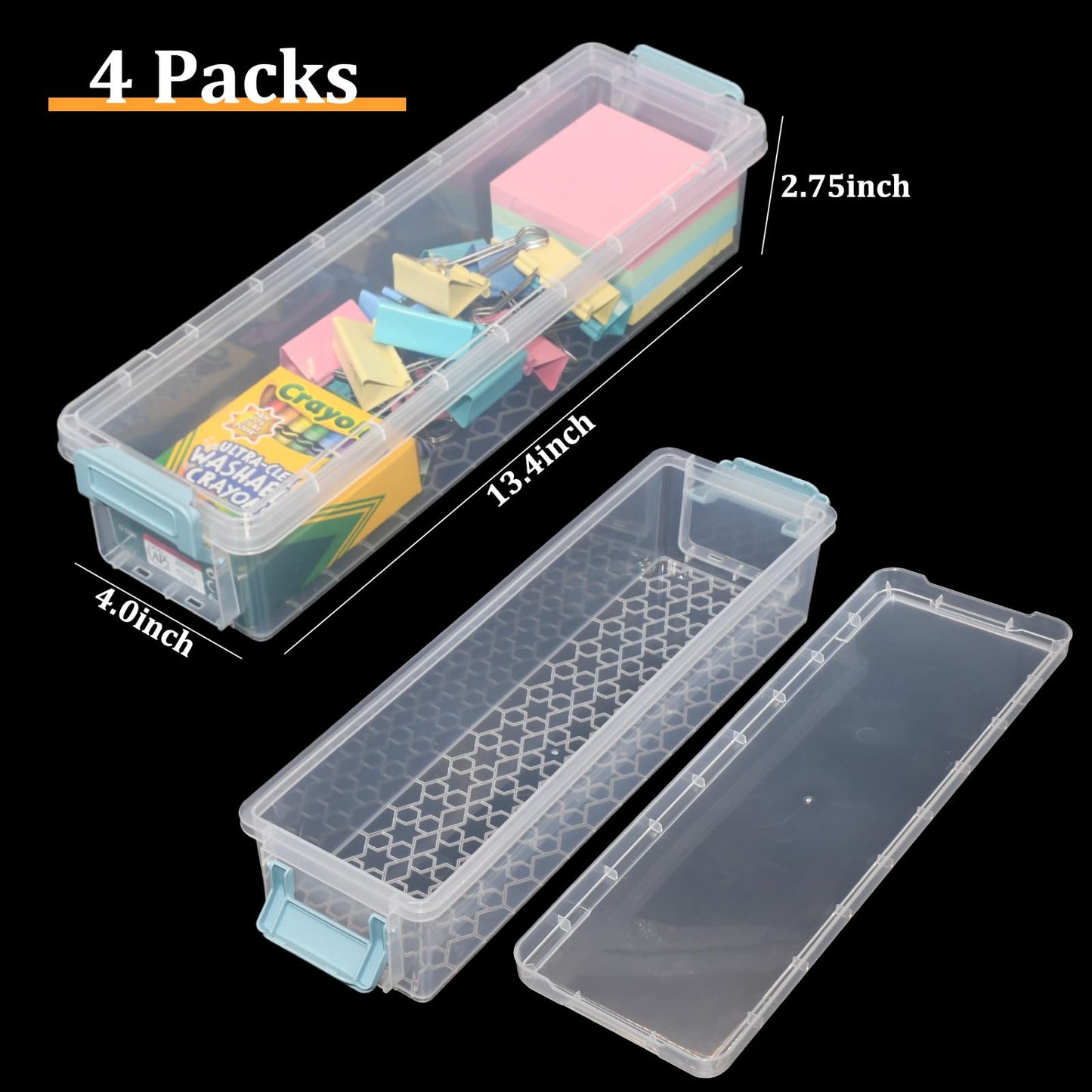 Chistepper 4 Packs Extra Long Pencil Box Large Capacity Pencil Case Clear Plastic Storage Container Long Paint Brush Storage Box Plastic Pencil Holder with Latching Lids (4)