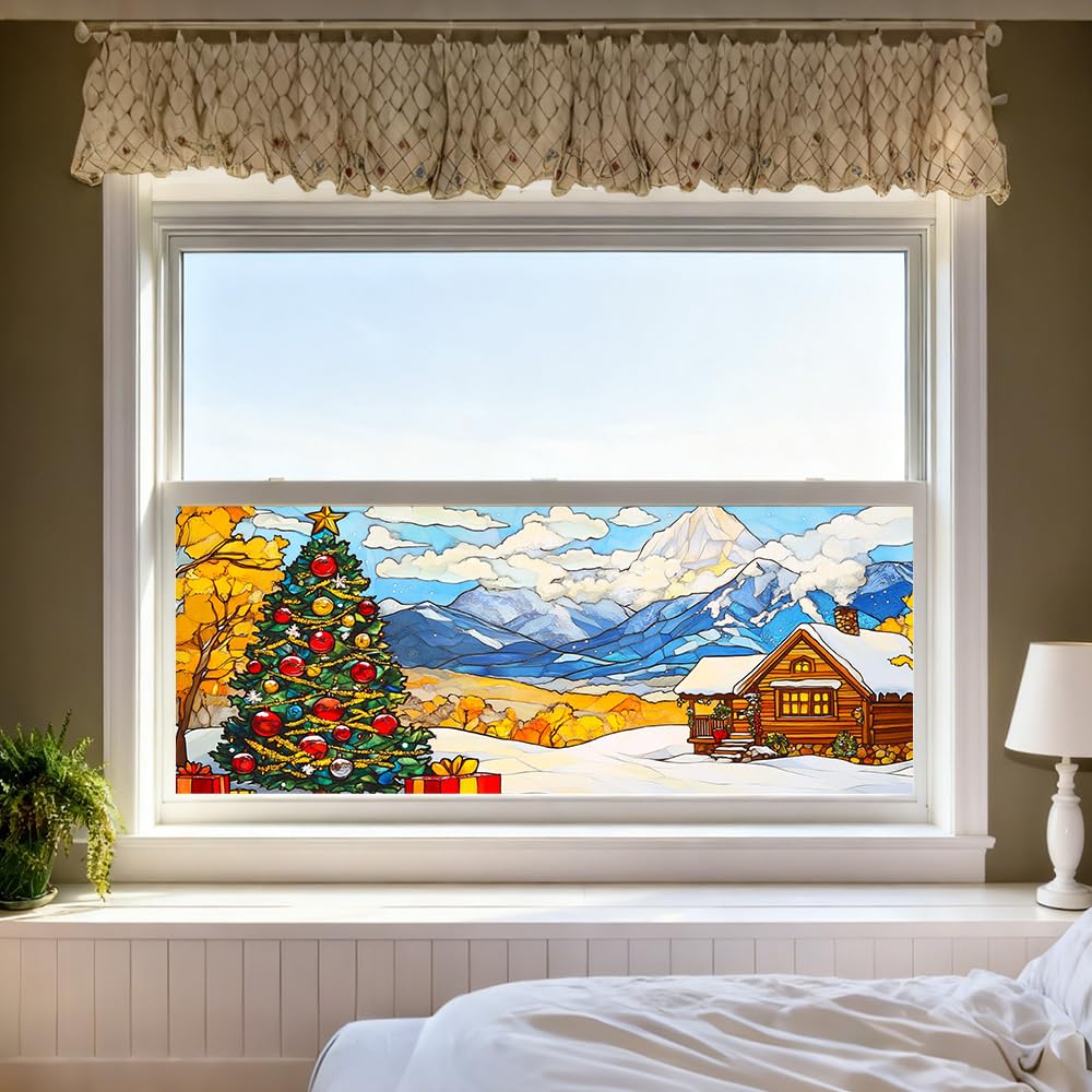 WDESYADMS Window Film 39.4×17.3 Inch PVC Winter Mountain Cabin Christmas Tree Scene Decorative Window Film for Seasonal Privacy and Holiday Home Glass Decoration