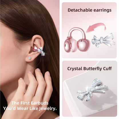 Kinglucky Jewelry-Inspired Clip-On Earbuds with Bow Earrings, Comfortable Fit & 50H Playtime Open Ear Bluetooth 5.4 Wireless Headphones for Women, Small Ears, Sports & Workouts (Pink)